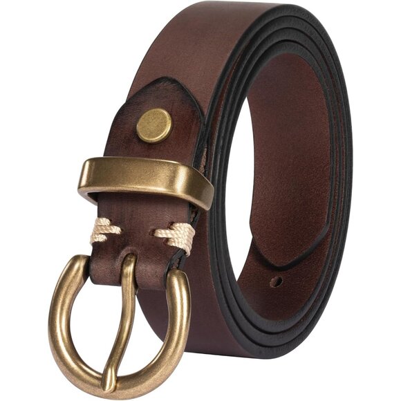 Women's Brown Belt Jeans Genuine Leather Belt Vintage Solid Brass Circle buckle - Picture 1 of 6